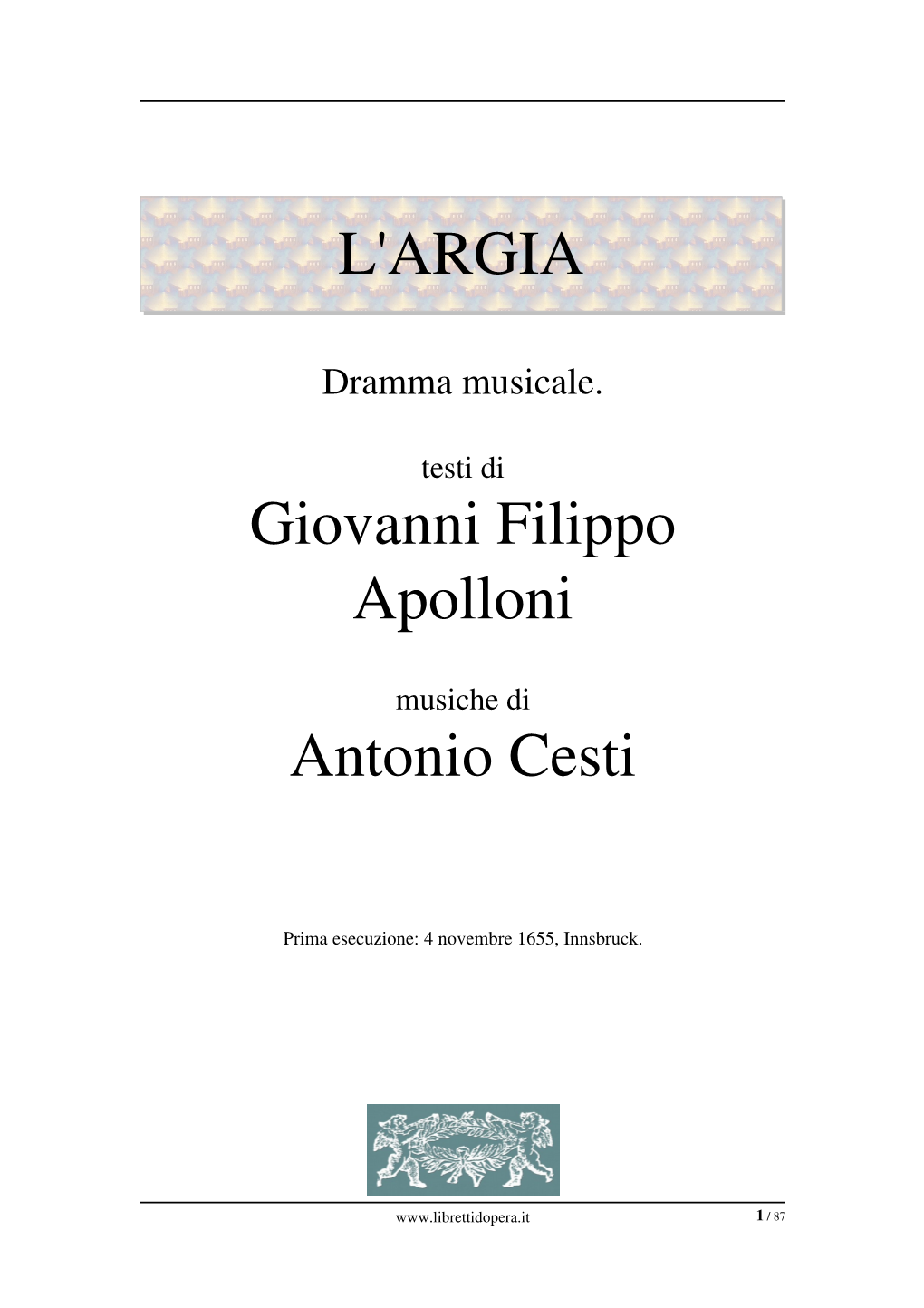 L'argia Giovanni Filippo Apolloni Antonio Cesti