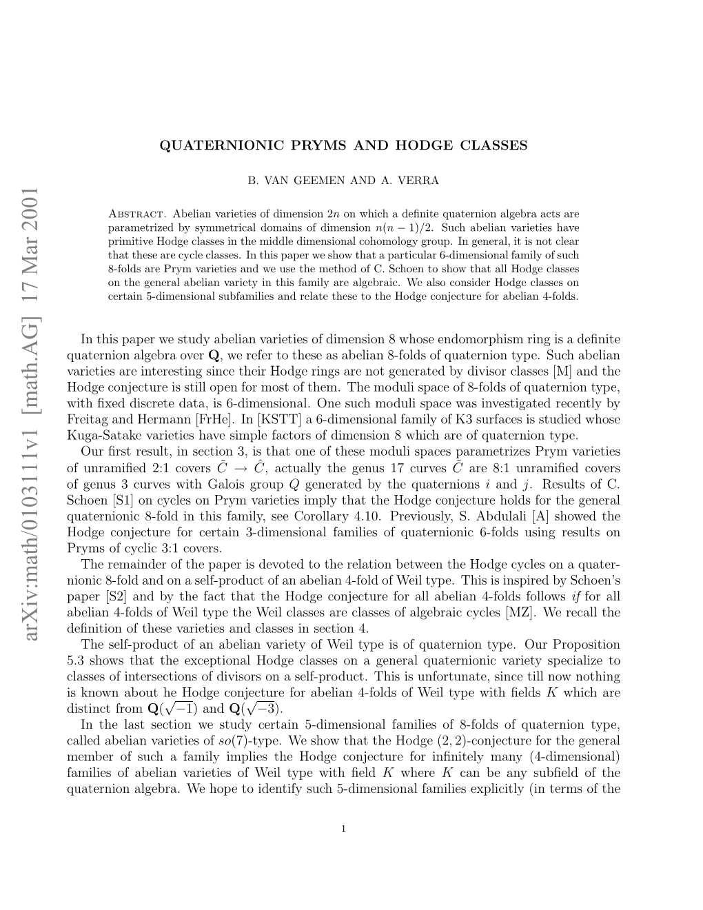 Math.AG] 17 Mar 2001 Ebro Uhafml Mle H Og Ojcuefrinﬁn ﬁeld 5-Dimensional for Such with Identify Type Conjecture to Weil Hope Hodge We of the Algebra