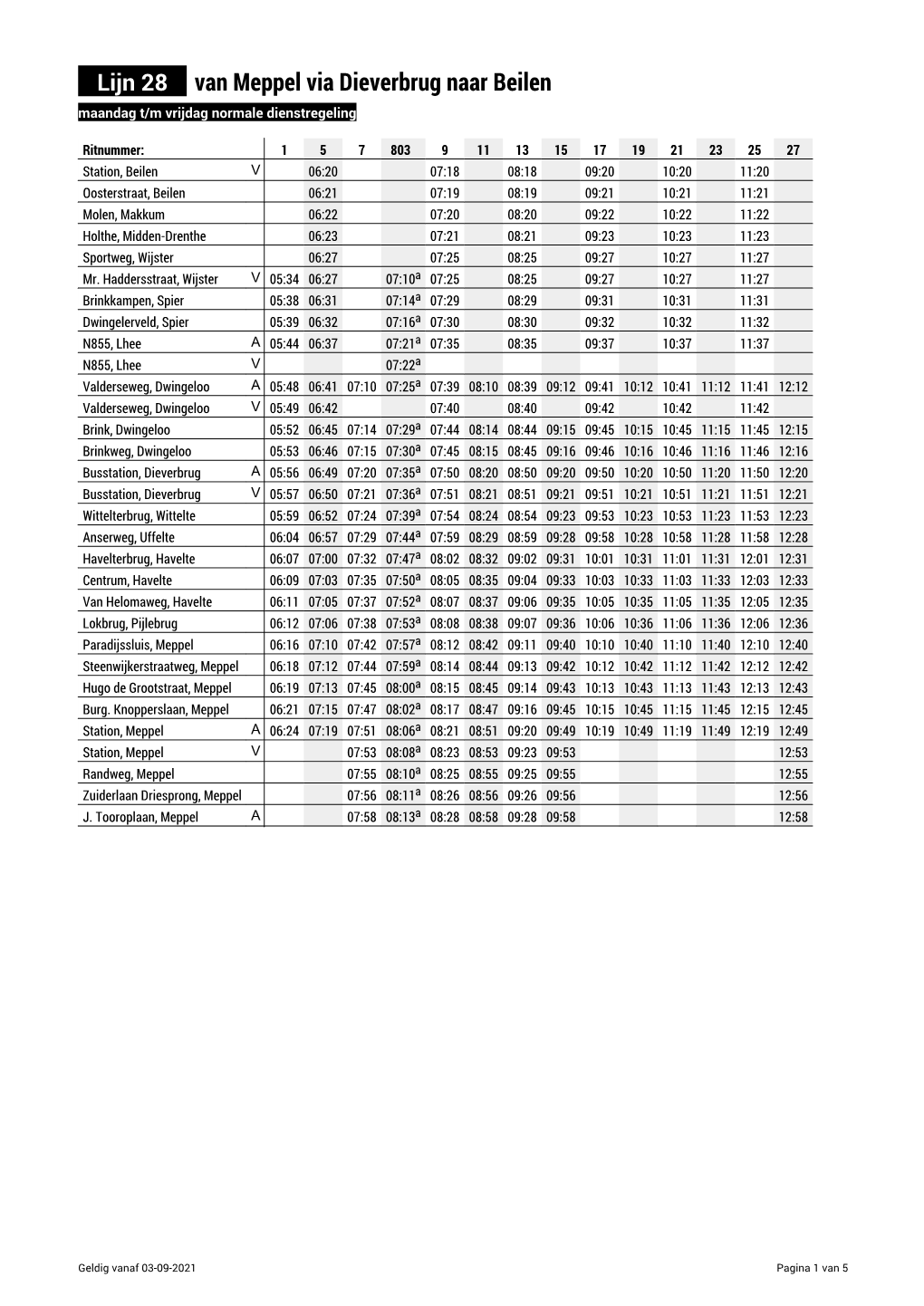 Lijn 28 Van Meppel Via Dieverbrug Naar Beilen Maandag T/M Vrijdag Normale Dienstregeling