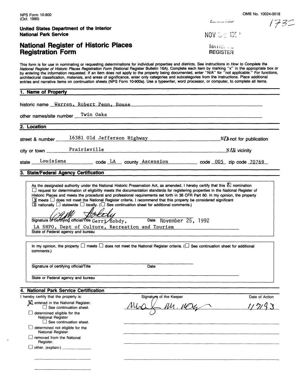 National Register of Historic Places Continuation Sheet Warren, Robert Penn, House, Ascension Parish, LA Section Number —Z— Page —J——