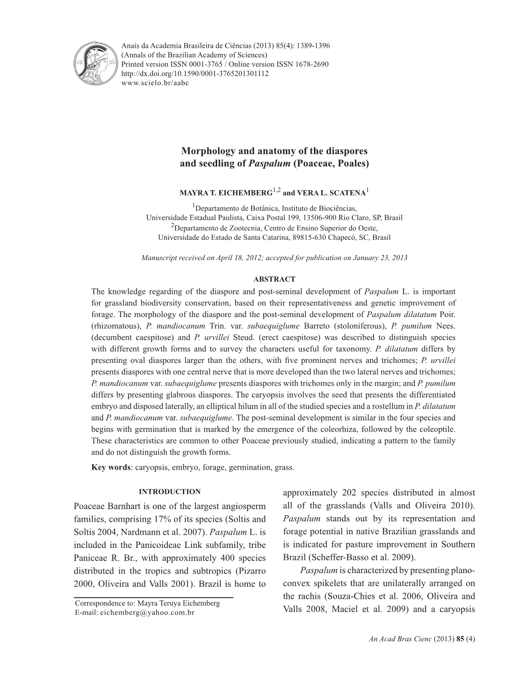 Morphology and Anatomy of the Diaspores and Seedling of Paspalum (Poaceae, Poales)