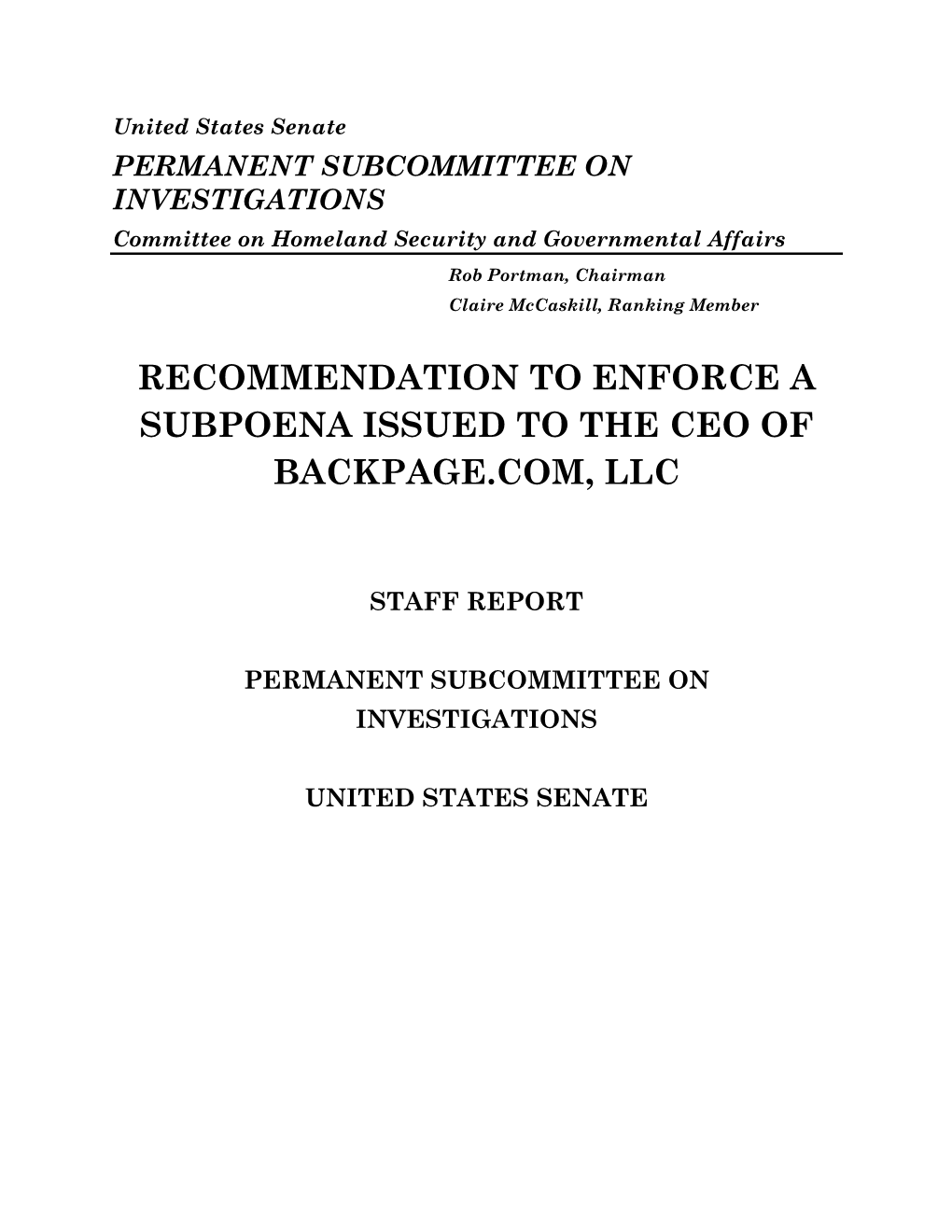 Recommendation to Enforce a Subpoena Issued to the Ceo of Backpage.Com, Llc