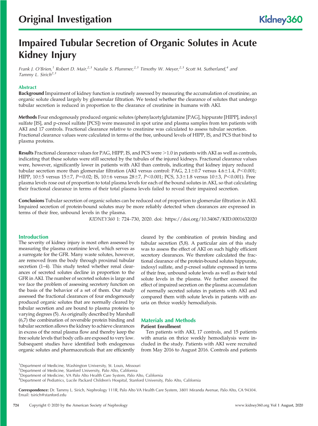 Impaired Tubular Secretion of Organic Solutes in Acute Kidney Injury