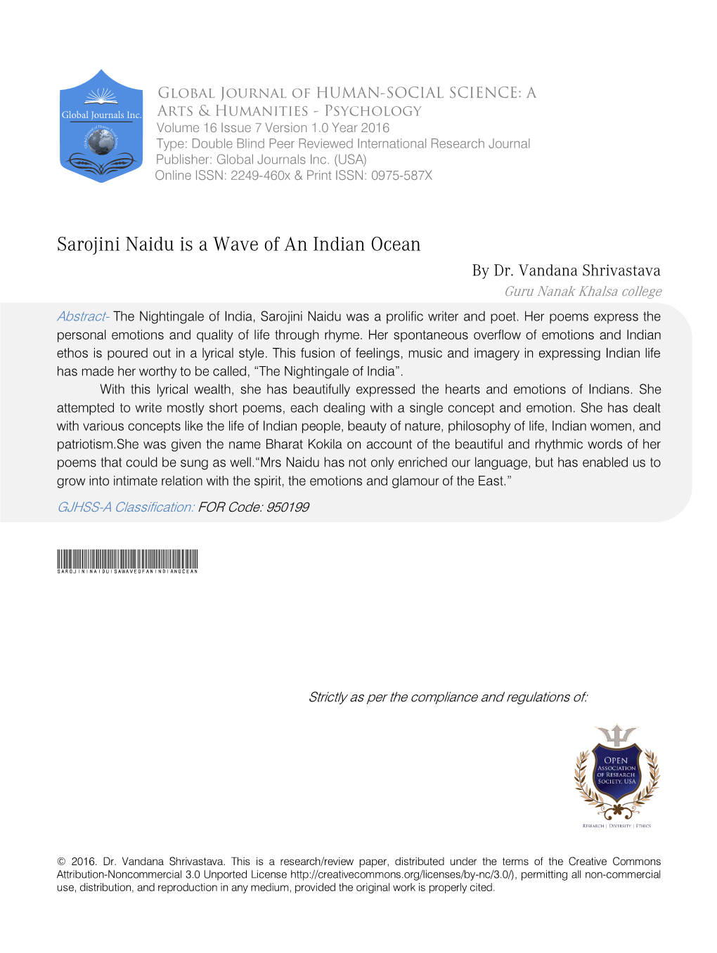 Sarojini Naidu Is a Wave of an Indian Ocean by Dr