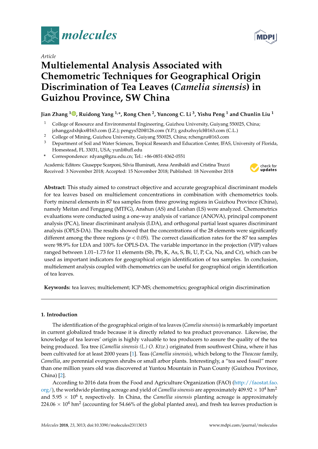 Multielemental Analysis Associated with Chemometric Techniques for Geographical Origin Discrimination of Tea Leaves (Camelia Sinensis) in Guizhou Province, SW China