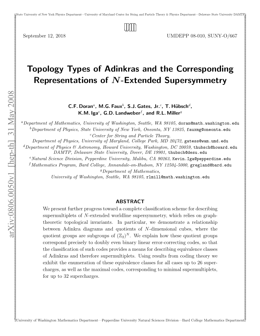 Topology Types of Adinkras and the Corresponding Representations of N-Extended Supersymmetry Arxiv:0806.0050V1 [Hep-Th] 31