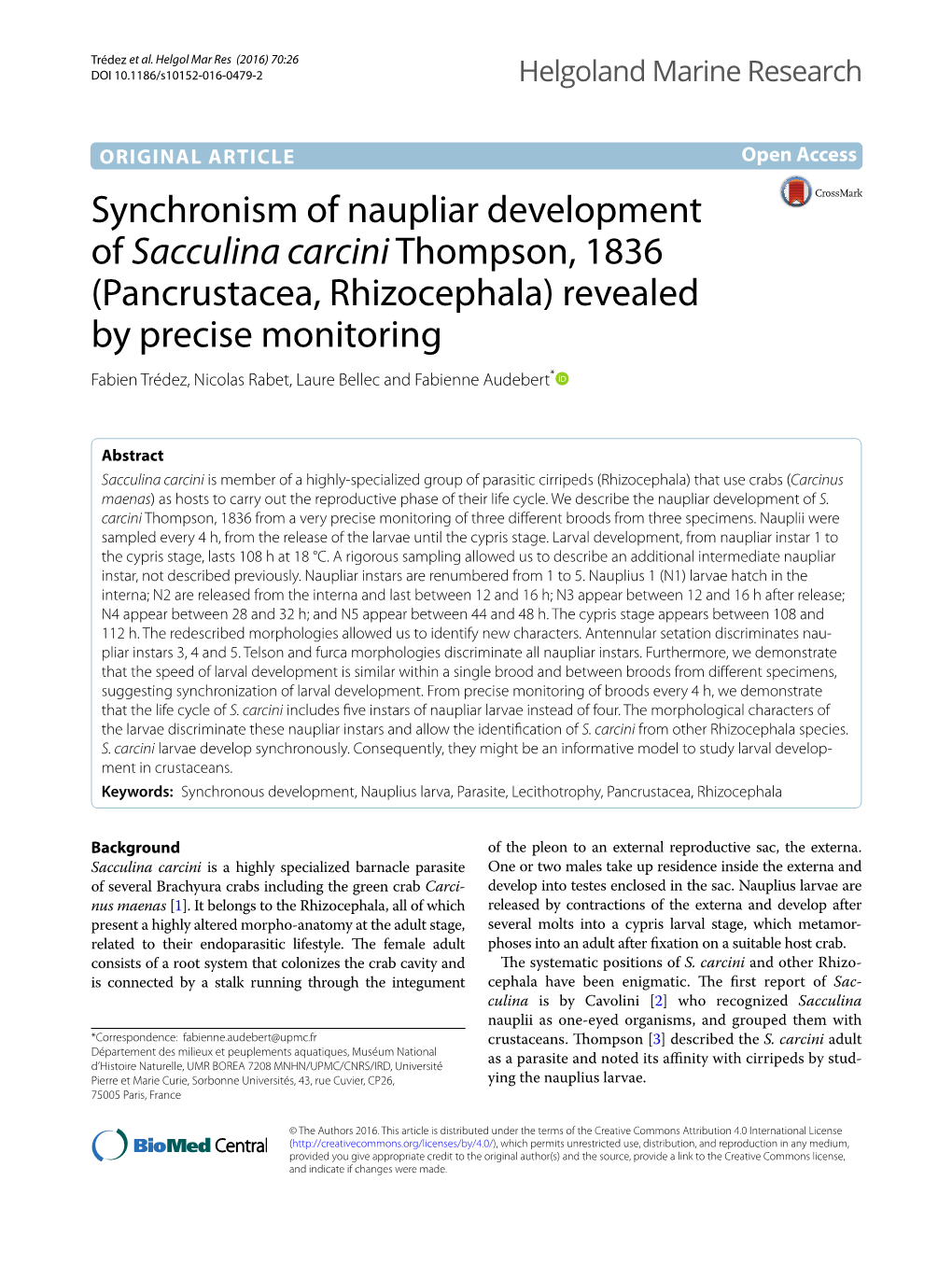 Synchronism of Naupliar Development of Sacculina Carcini Thompson