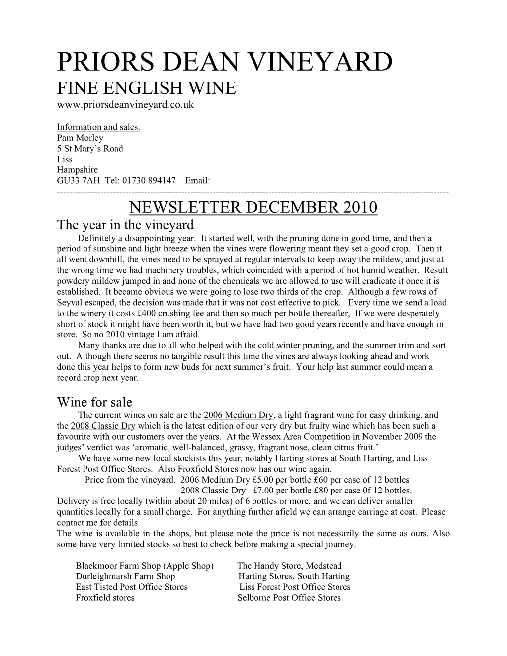 Priors Dean Vineyard Newsletter Dec. 2010