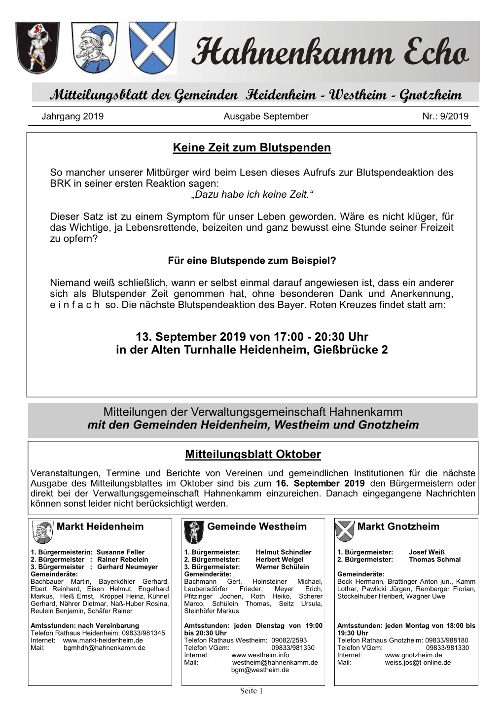 Hahnenkamm Echo Mitteilungsblatt Der Gemeinden Heidenheim - Westheim - Gnotzheim Jahrgang 2019 Ausgabe September Nr.: 9/2019
