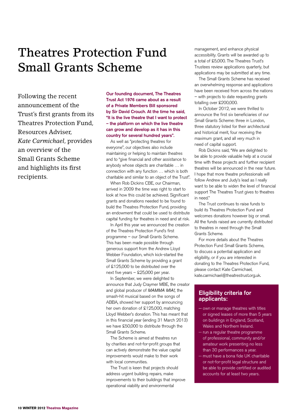 Theatres Protection Fund Small Grants Scheme