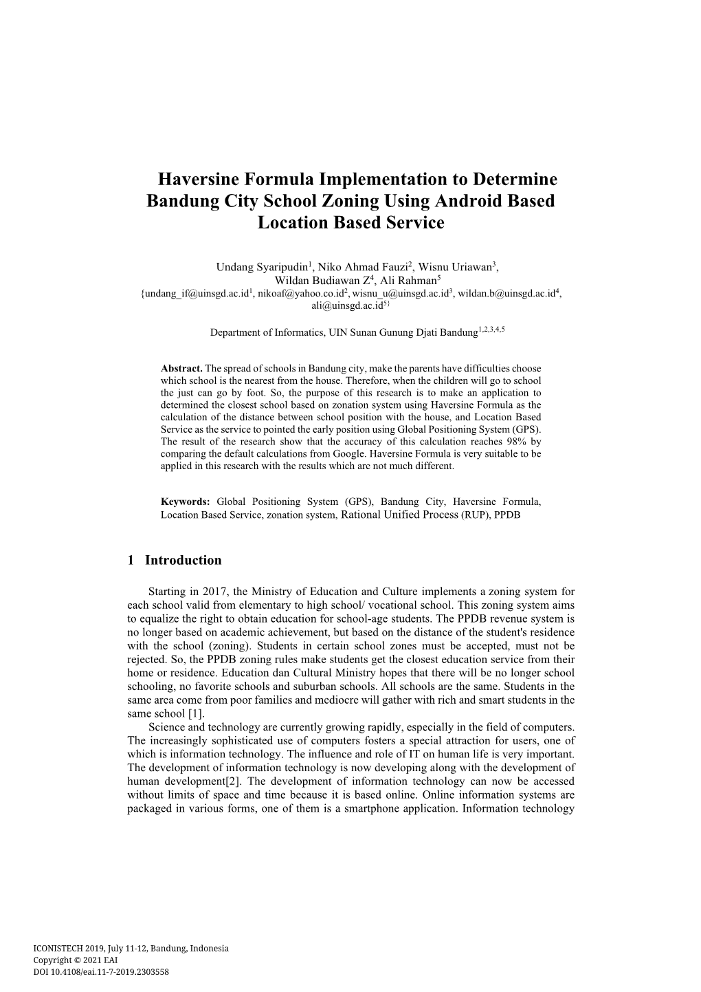 Haversine Formula Implementation to Determine Bandung City School Zoning Using Android Based Location Based Service