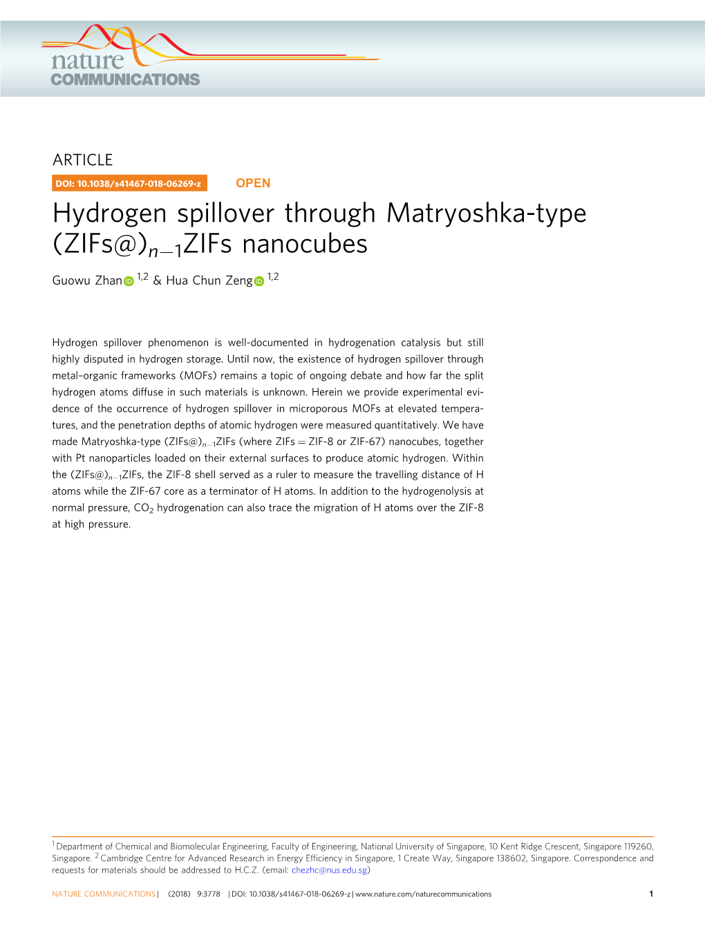 Hydrogen Spillover Through Matryoshka-Type (Zifs@)Nвˆ'1zifs