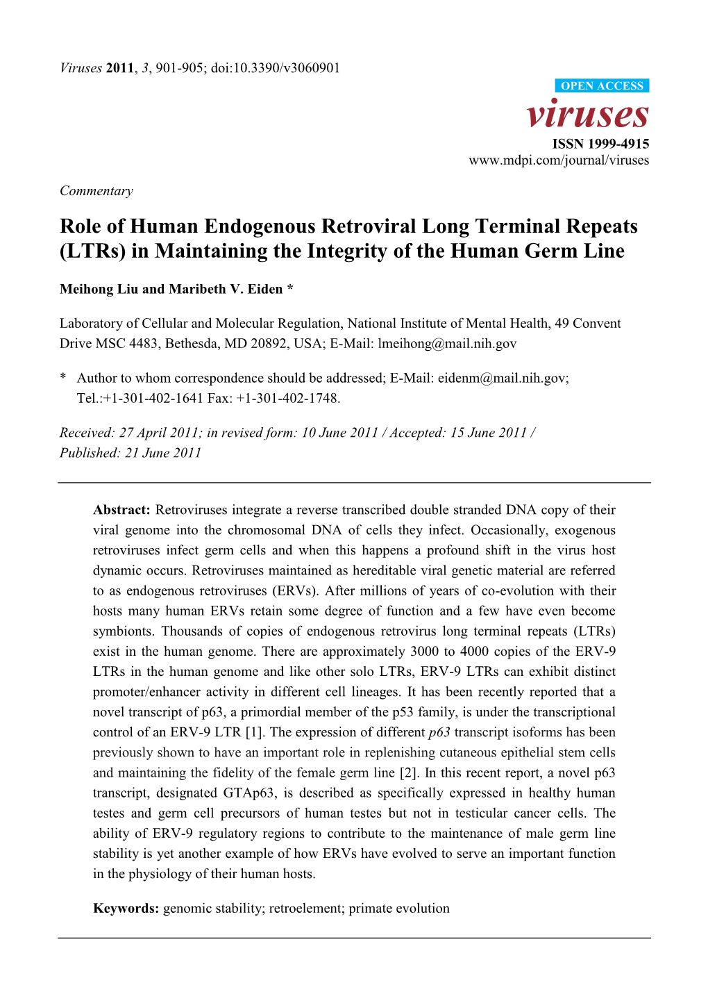 Role of Human Endogenous Retroviral Long Terminal Repeats (Ltrs) in Maintaining the Integrity of the Human Germ Line