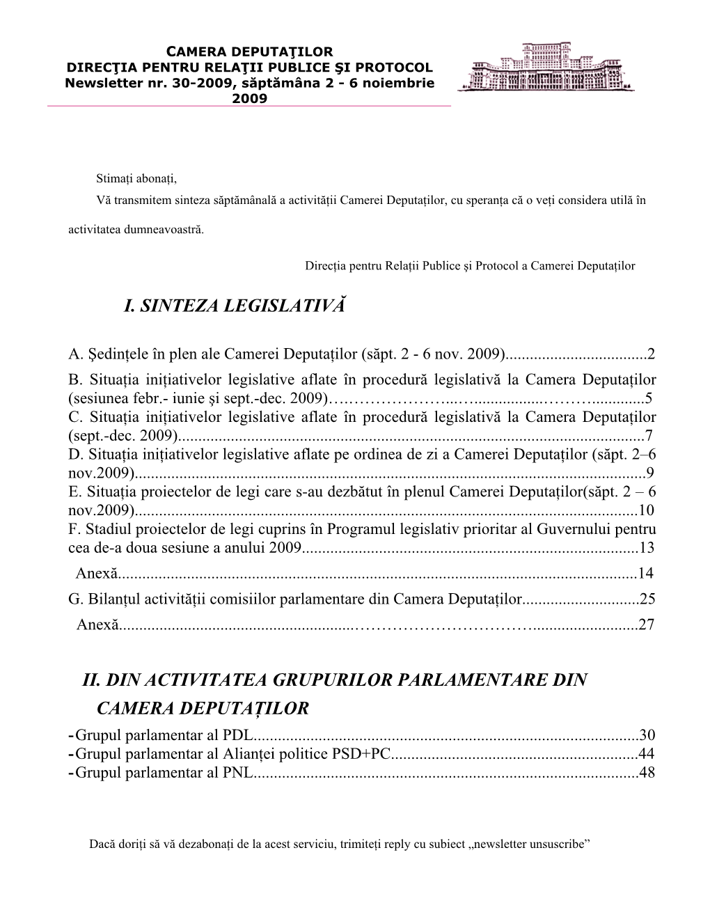 I. Sinteza Legislativă Ii. Din Activitatea Grupurilor