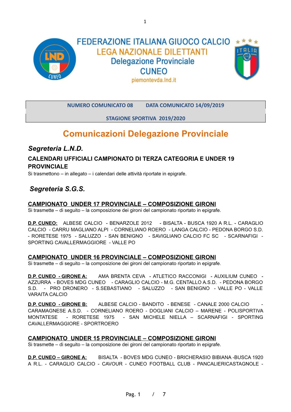 Comunicazioni Delegazione Provinciale