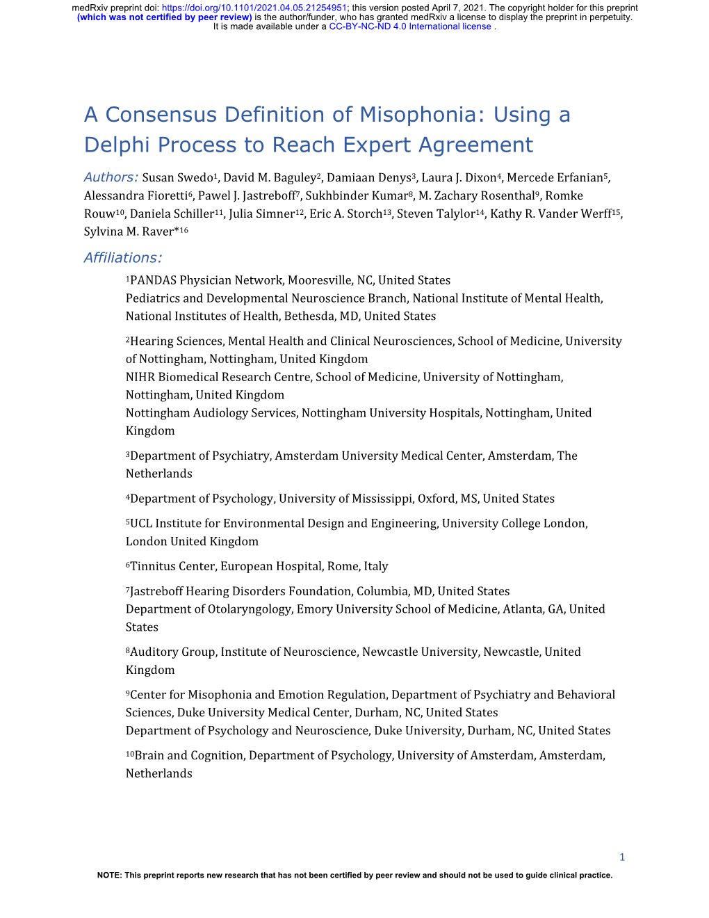 A Consensus Definition of Misophonia: Using a Delphi Process to Reach Expert Agreement