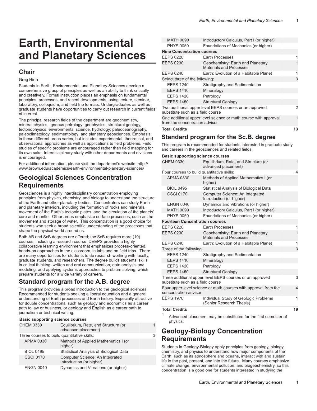 Earth, Environmental and Planetary Sciences 1