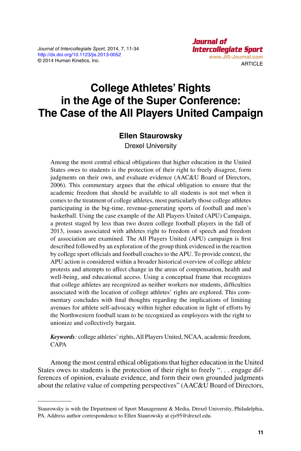 College Athletes' Rights in the Age of the Super Conference: the Case of the All Players United Campaign