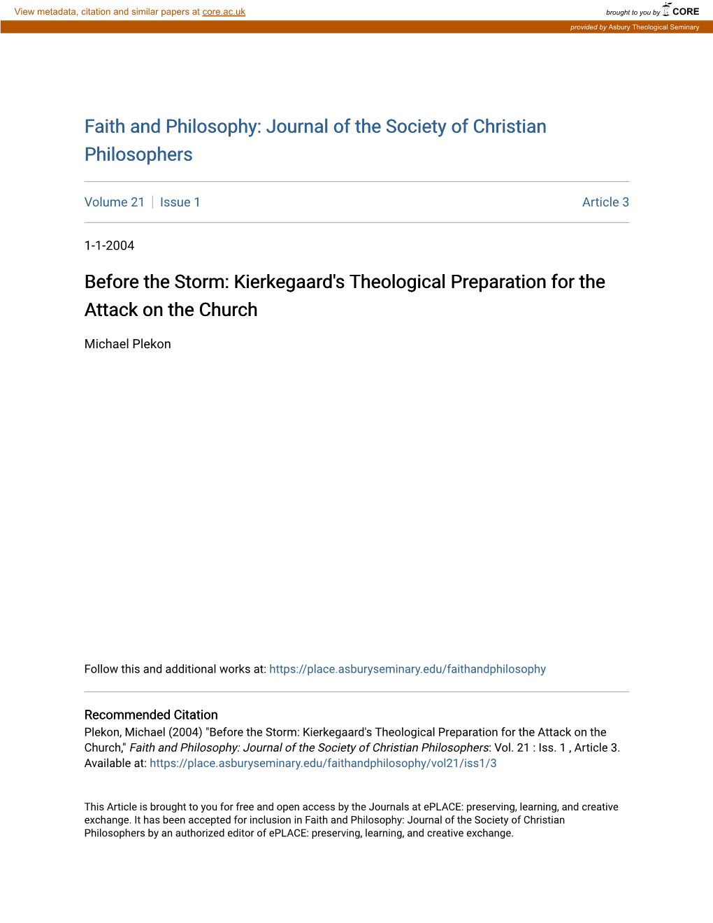 Kierkegaard's Theological Preparation for the Attack on the Church