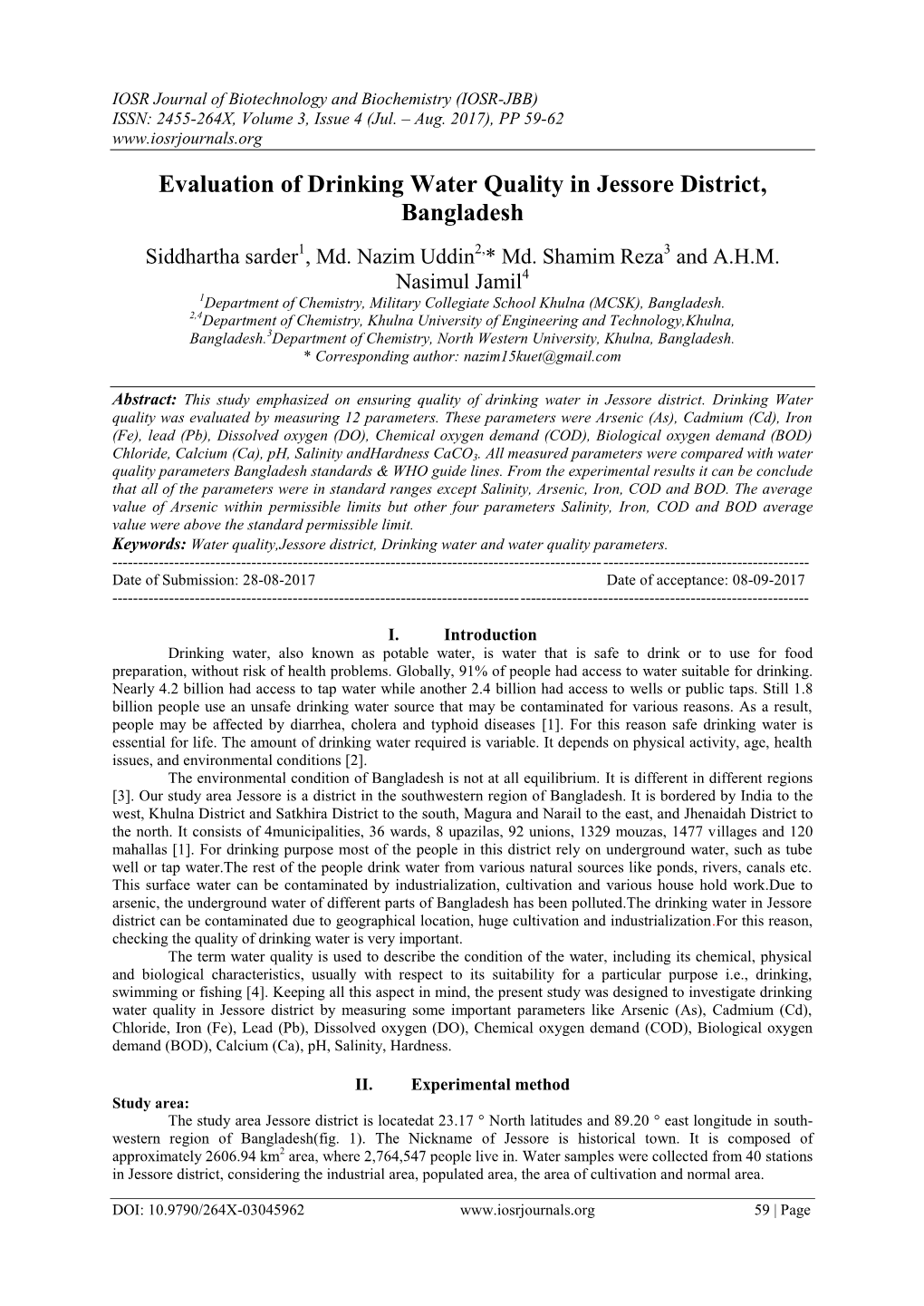 Evaluation of Drinking Water Quality in Jessore District, Bangladesh