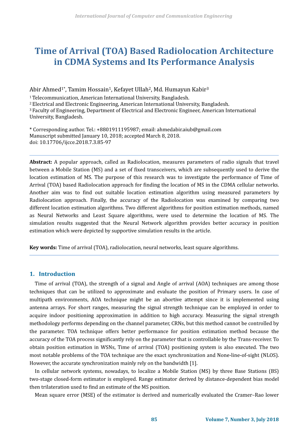 Time of Arrival (TOA) Based Radiolocation Architecture in CDMA Systems and Its Performance Analysis