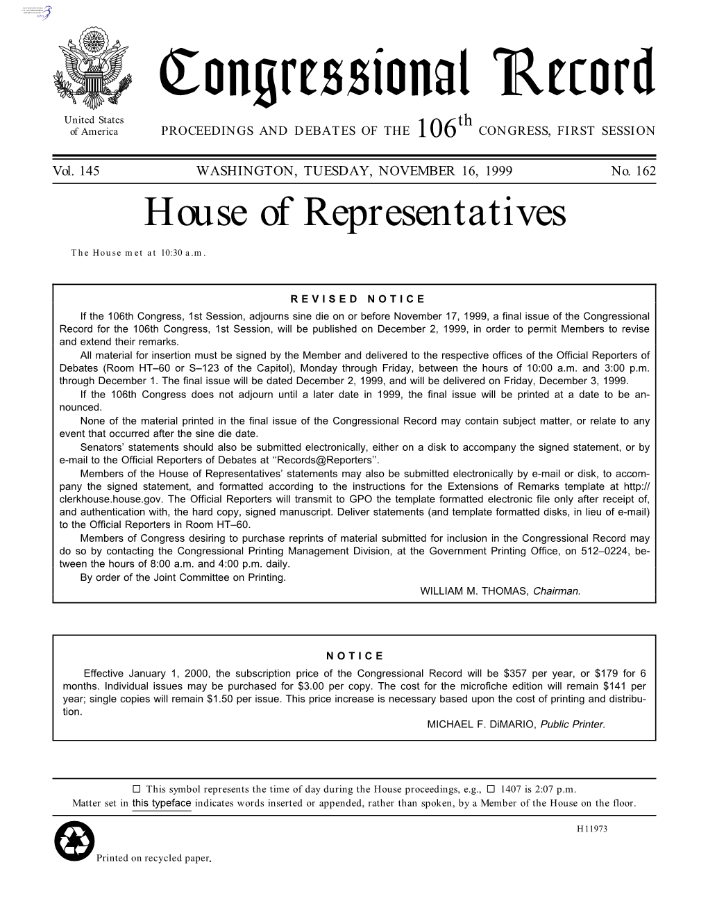 Congressional Record United States Th of America PROCEEDINGS and DEBATES of the 106 CONGRESS, FIRST SESSION