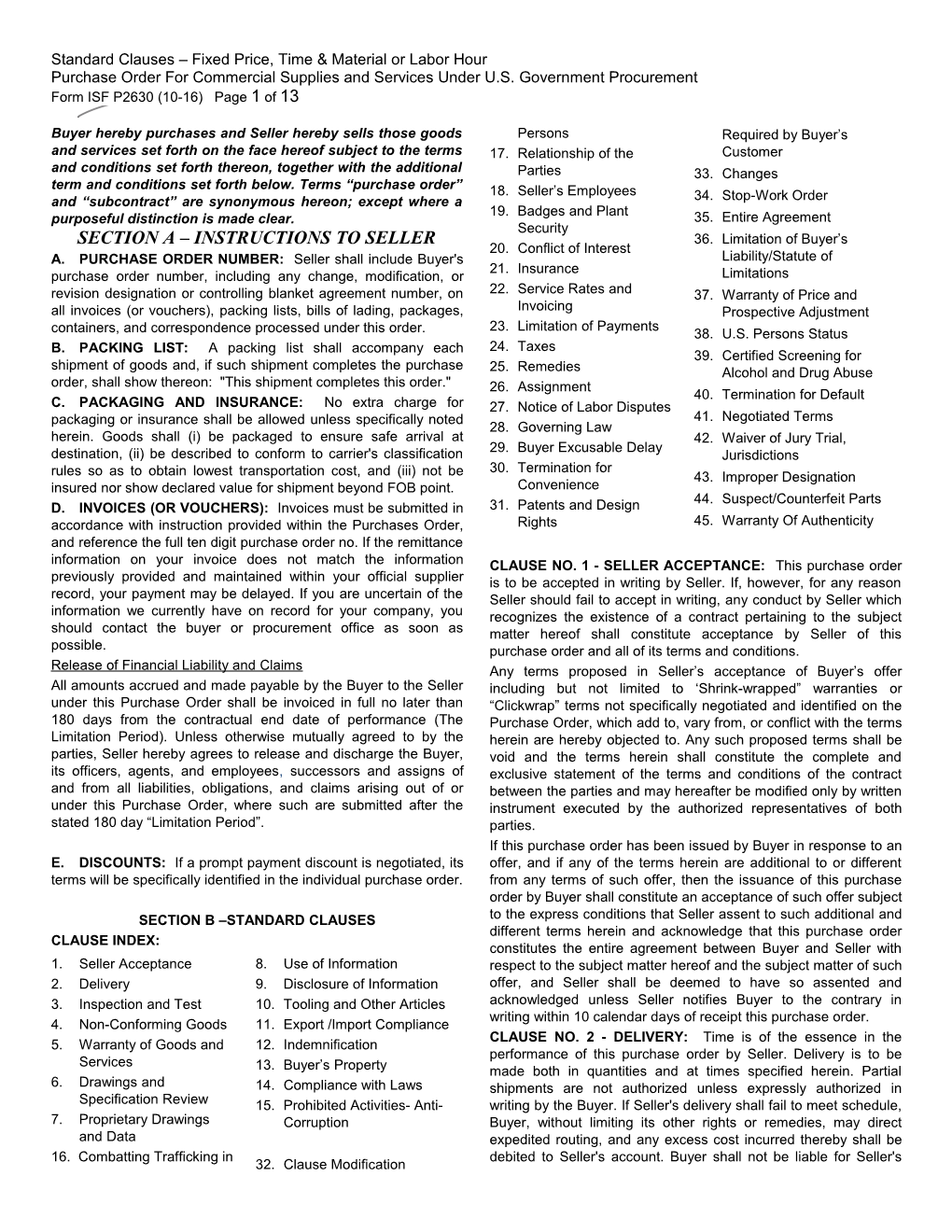 Standard Clauses - Fixed-Price/T&M/LH Purchase Order for Commercial Supplies and Services