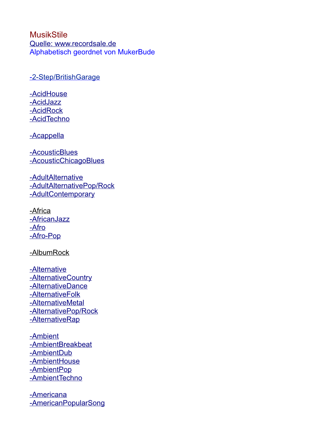 Musikstile Quelle: Alphabetisch Geordnet Von Mukerbude