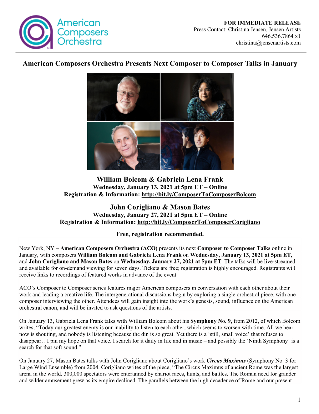 American Composers Orchestra Presents Next Composer to Composer Talks in January