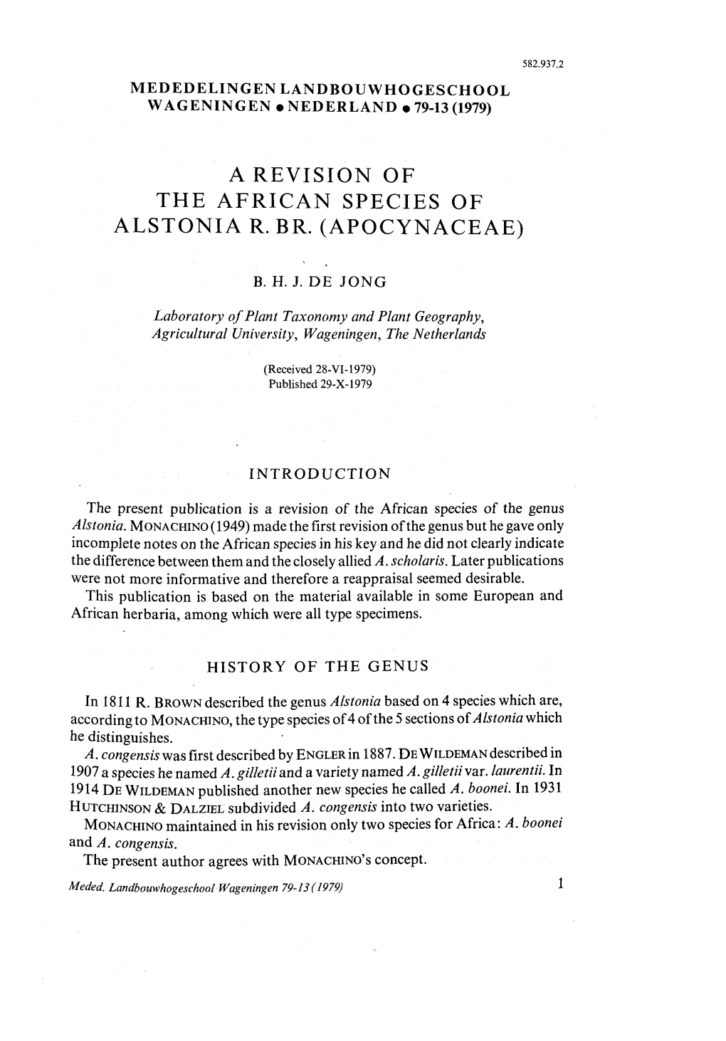 A Revision of the African Species of Alstonia R