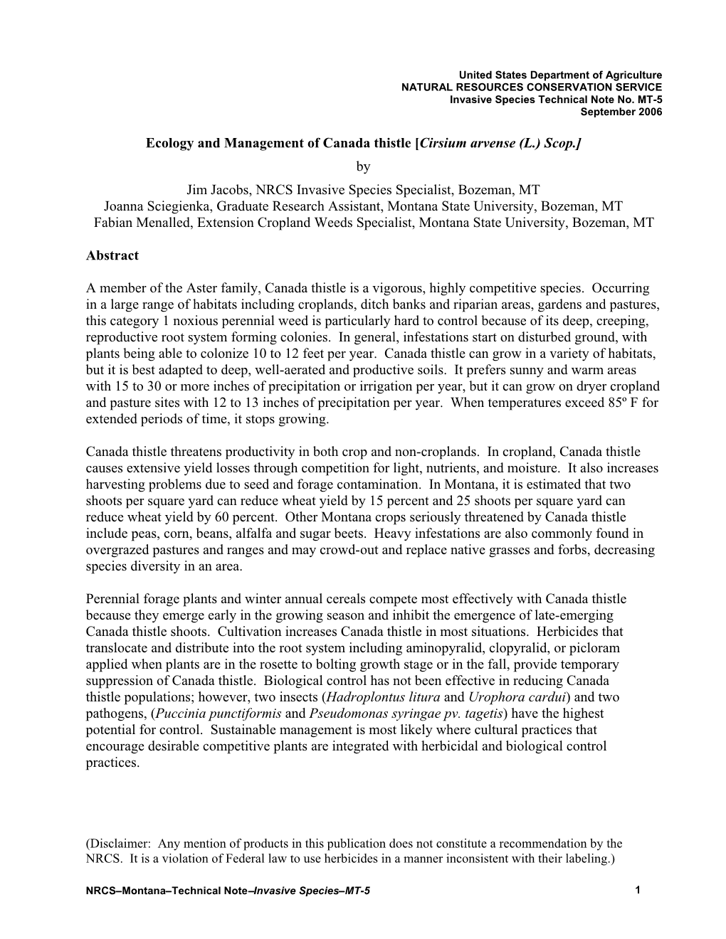 Ecology and Management of Canada Thistle [Cirsium Arvense (L.) Scop