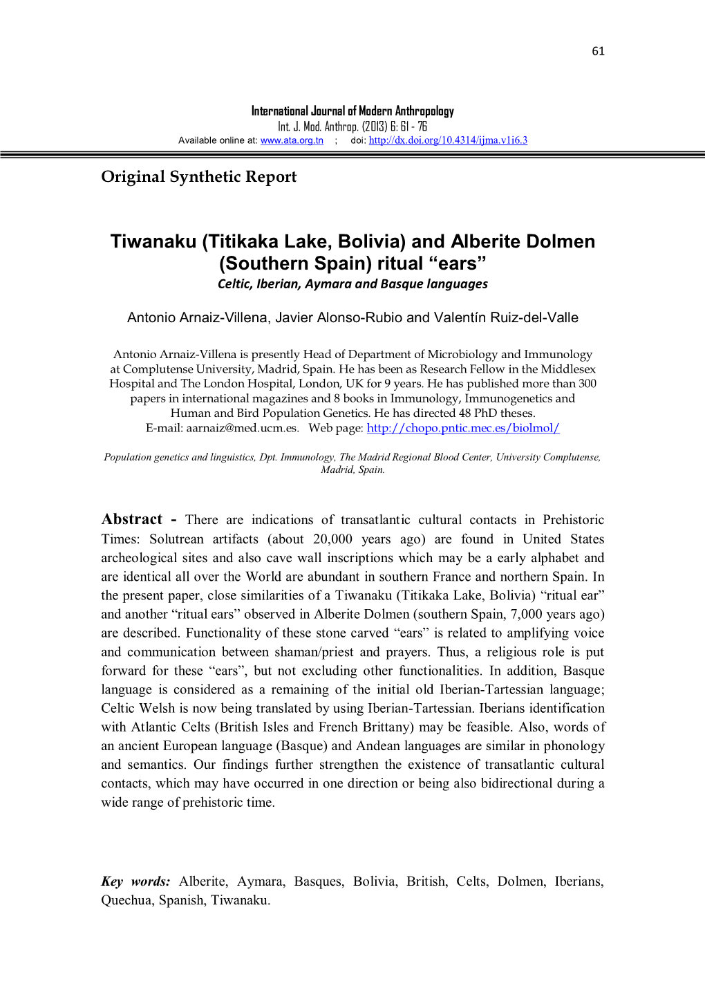 Tiwanaku (Titikaka Lake, Bolivia) and Alberite Dolmen (Southern Spain) Ritual “Ears” Celtic, Iberian, Aymara and Basque Languages