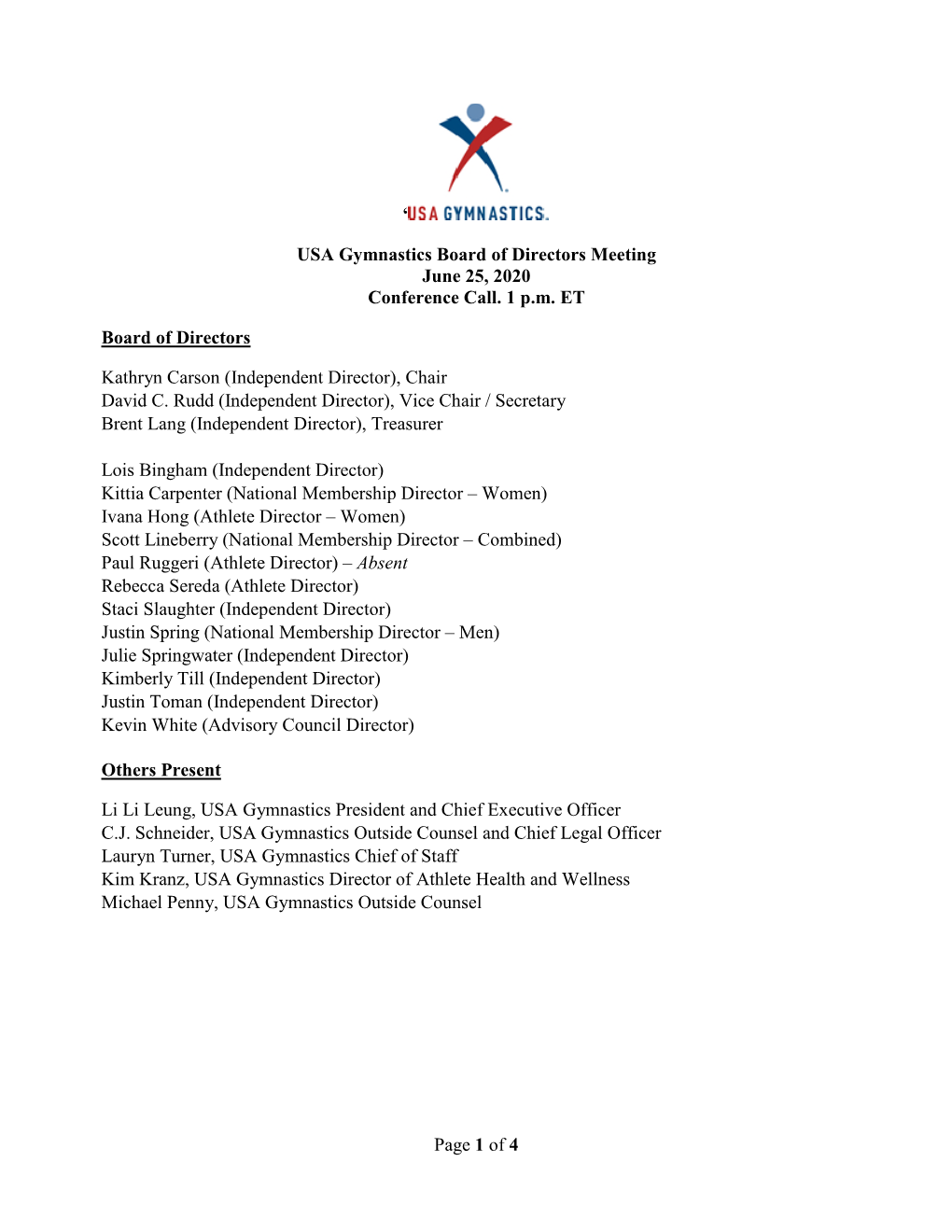 USA Gymnastics Board of Directors Regular Meeting Minutes