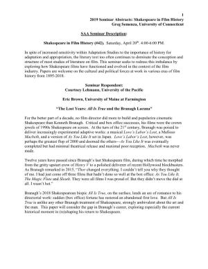 2019 Seminar Abstracts: Shakespeare in Film History Greg Semenza, University of Connecticut