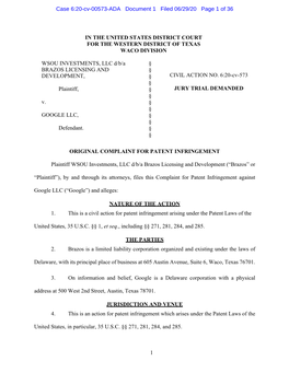 Case 6:20-Cv-00573-ADA Document 1 Filed 06/29/20 Page 1 of 36