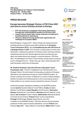 PRESS RELEASE Europe Becomes Strategic Partner of ITB China 2021