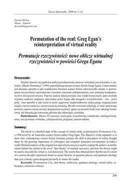Greg Egan's Reinterpretation of Virtual Reality Permutacje Rzeczywistości