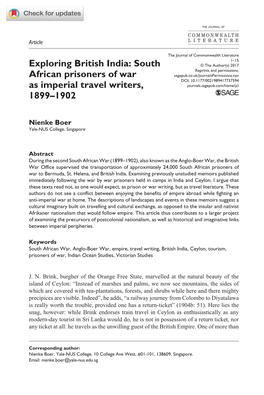 South African Prisoners of War As Imperial Travel Writers, 1899–1902