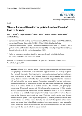 Mineral Licks As Diversity Hotspots in Lowland Forest of Eastern Ecuador