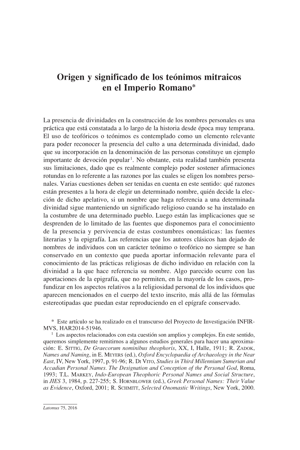 Origen Y Significado De Los Teónimos Mitraicos En El Imperio Romano*