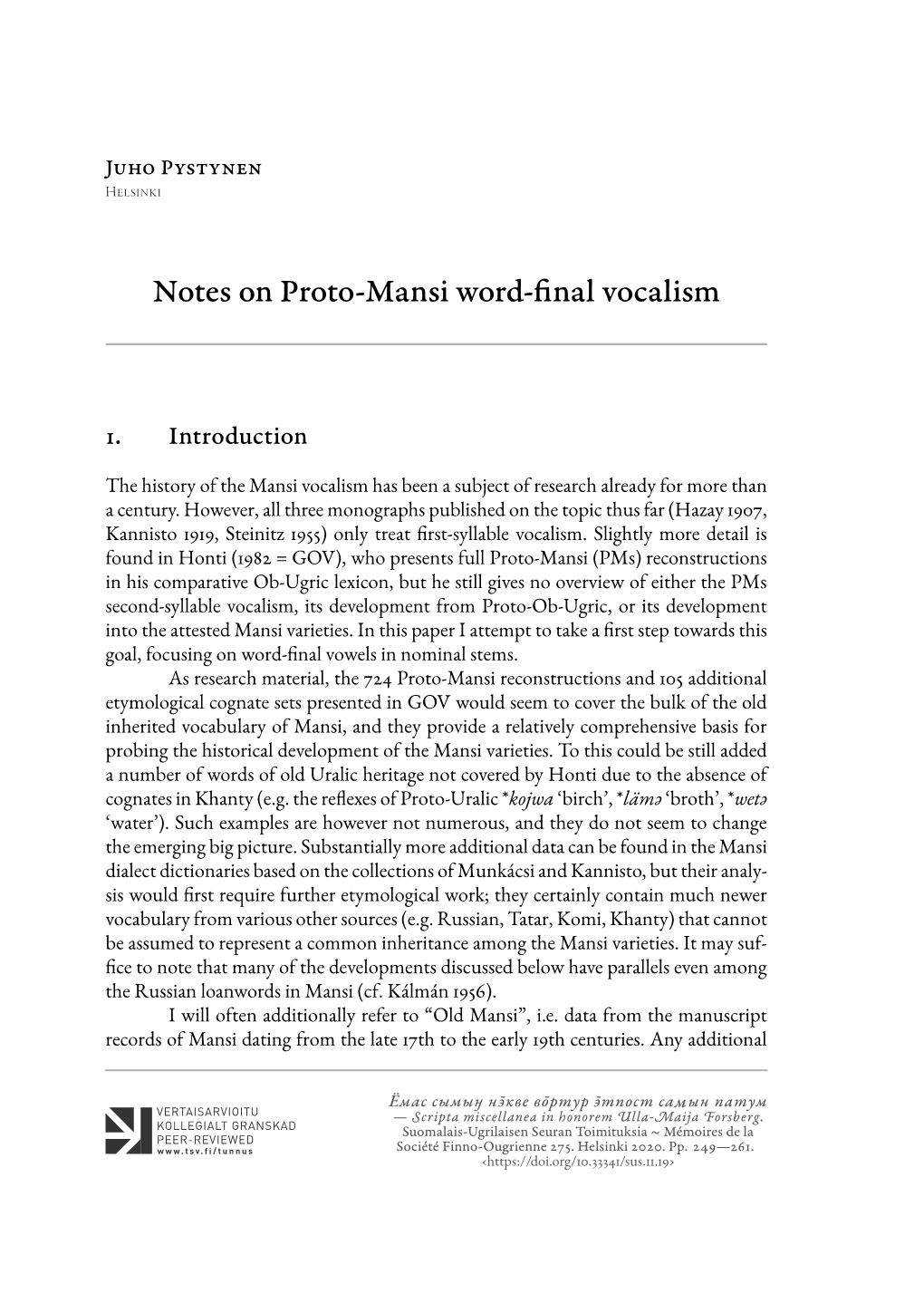 Notes on Proto-Mansi Word-Final Vocalism