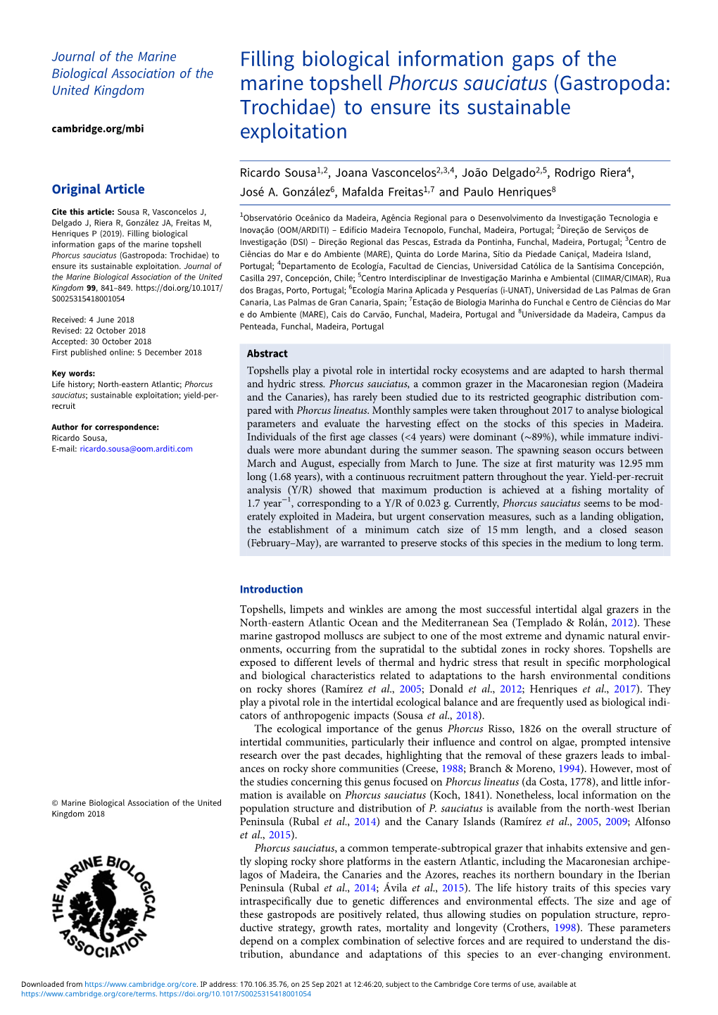 Filling Biological Information Gaps of the Marine Topshell Phorcus Sauciatus (Gastropoda: Trochidae) to Ensure Its Sustainable E