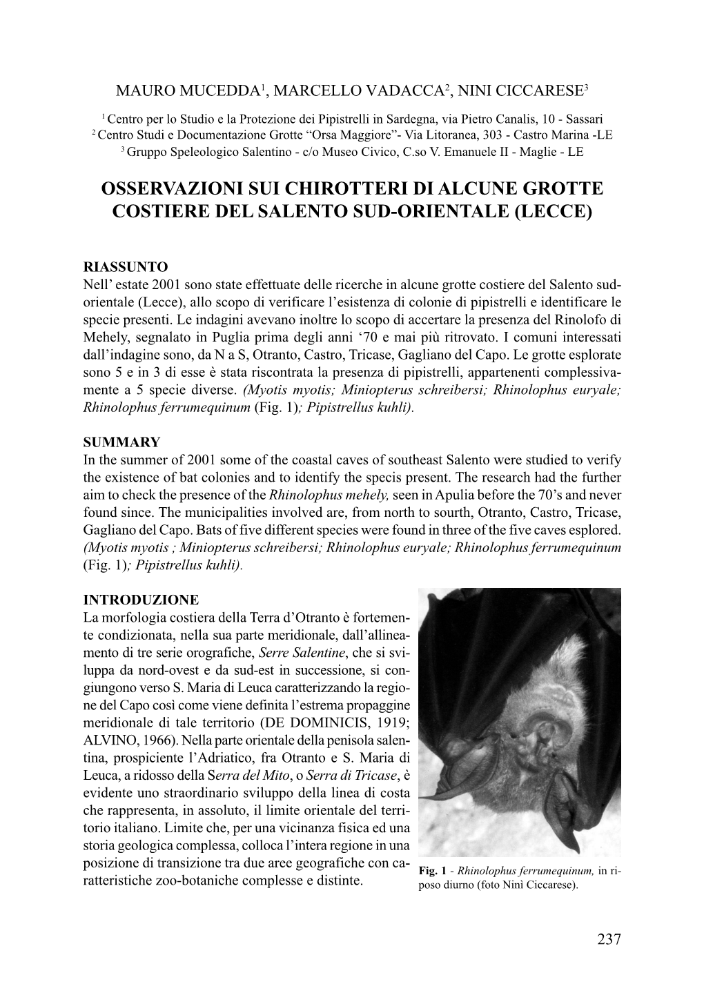 Osservazioni Sui Chirotteri Di Alcune Grotte Costiere Del Salento Sud-Orientale (Lecce)