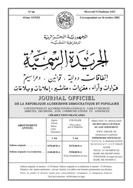 JOURNAL OFFICIEL DE LA REPUBLIQUE ALGERIENNE N 68 16 Octobre 2002