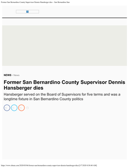 Former San Bernardino County Supervisor Dennis Hansberger Dies – San Bernardino Sun