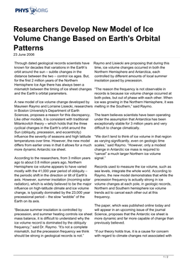 Researchers Develop New Model of Ice Volume Change Based on Earth's Orbital Patterns 23 June 2006