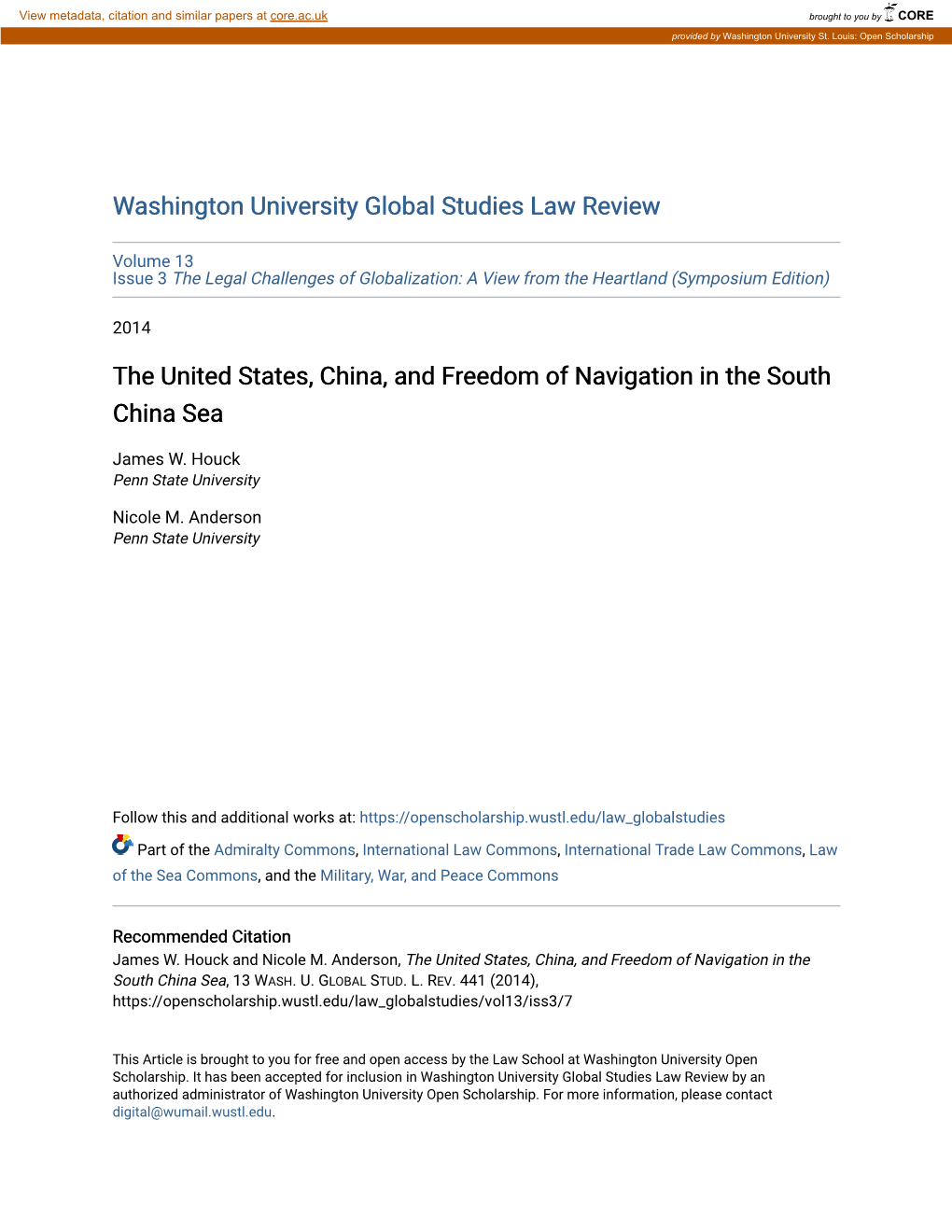 The United States, China, and Freedom of Navigation in the South China Sea