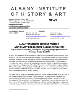 Albany Institute to Host Author Lynn Esmay for Lecture and Book Signing