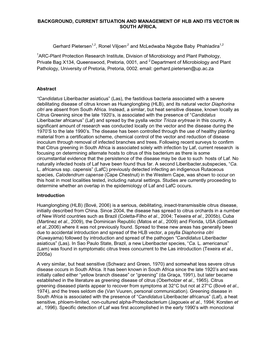 Background, Current Situation and Management of Hlb and Its Vector in South Africa