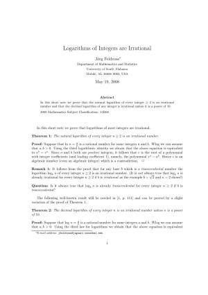 Logarithms of Integers Are Irrational